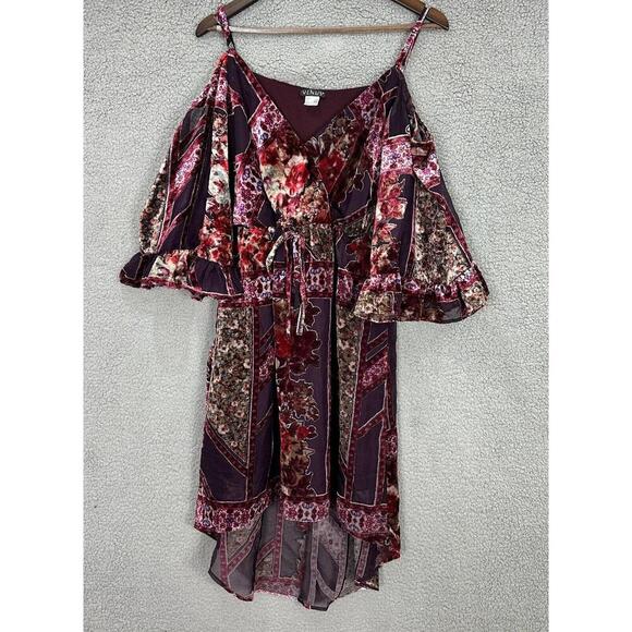 Venus Boho Patchwork Cold Shoulder Dress Large Floral Mixed Print Sheer Festival - Picture 1 of 9